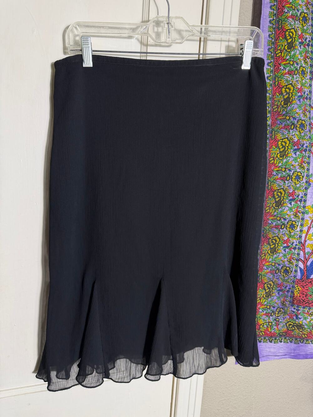 Vintage 90s Sara Michelle Black Midi Skirt Sheer Ruffle Godet Hem - Medium